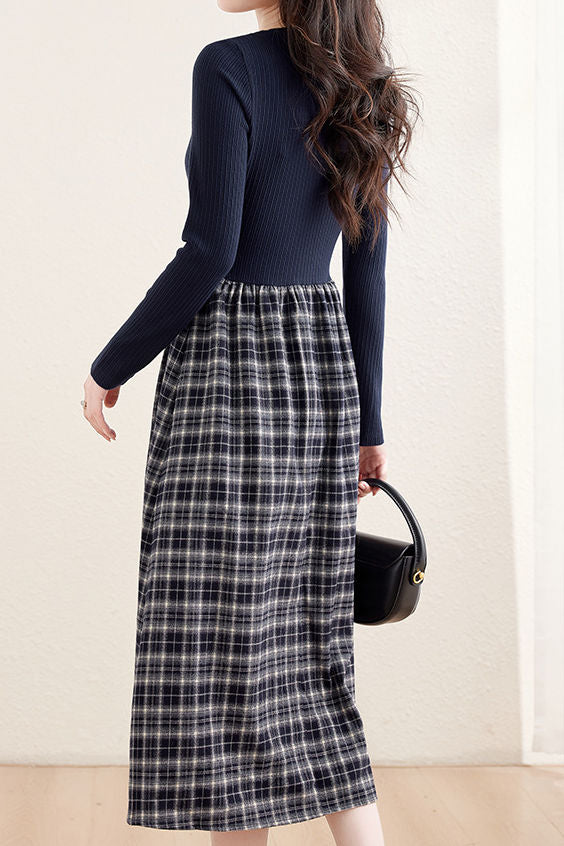 Elegant Retro Knitted Paneled Brushed Plaid Dress