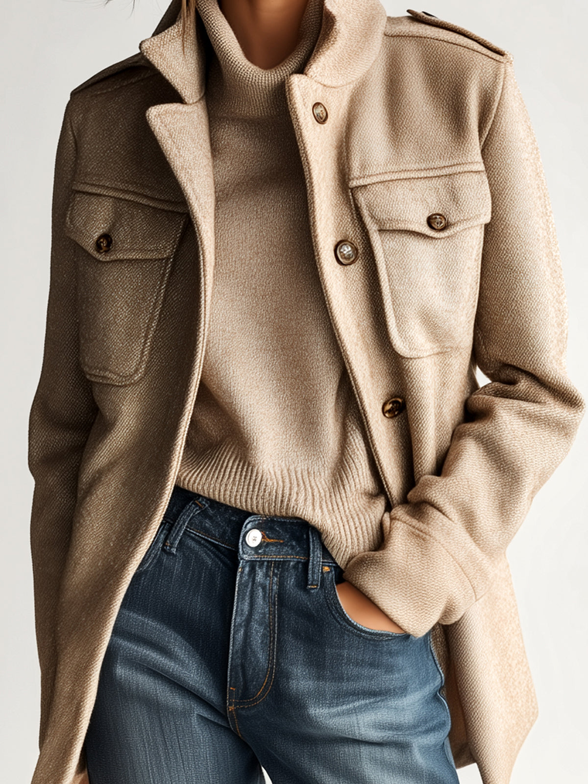 ElevenOra Vintage Casual Khaki Wool Blend Stand Collar Epaulet Multi-Pocket Short Coat