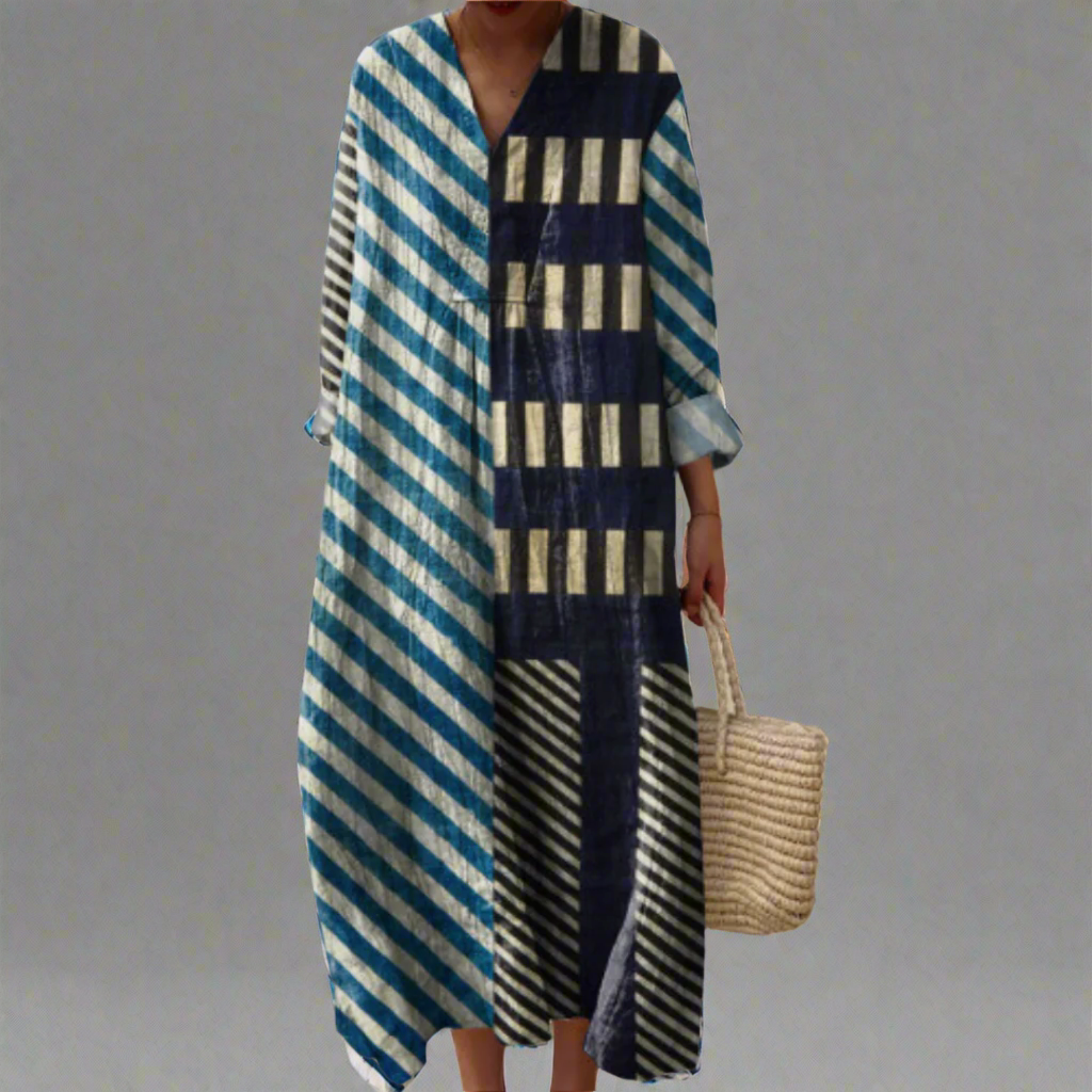 Modern Long Sleeve Midi Dress - Stylish Comfort in Navy & Sky Blue