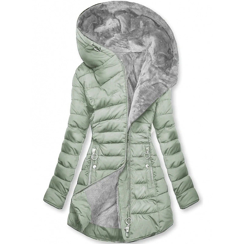 Women's Hooded Mid-Length Winter Coat with Plush Lining