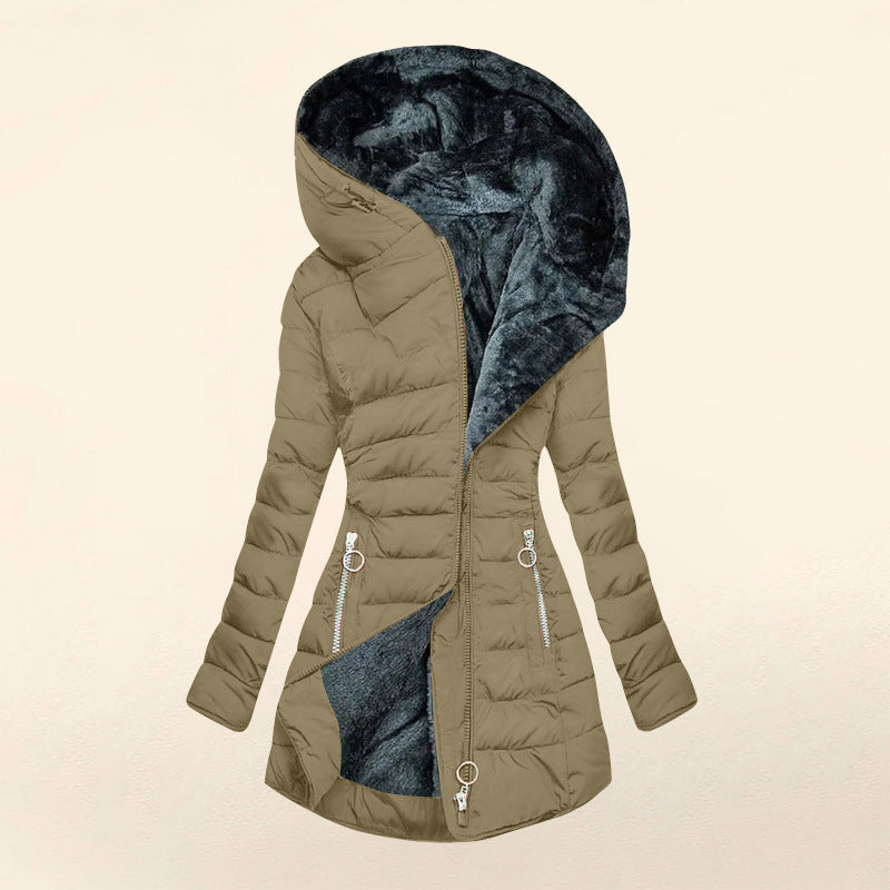 Women's Hooded Mid-Length Winter Coat with Plush Lining