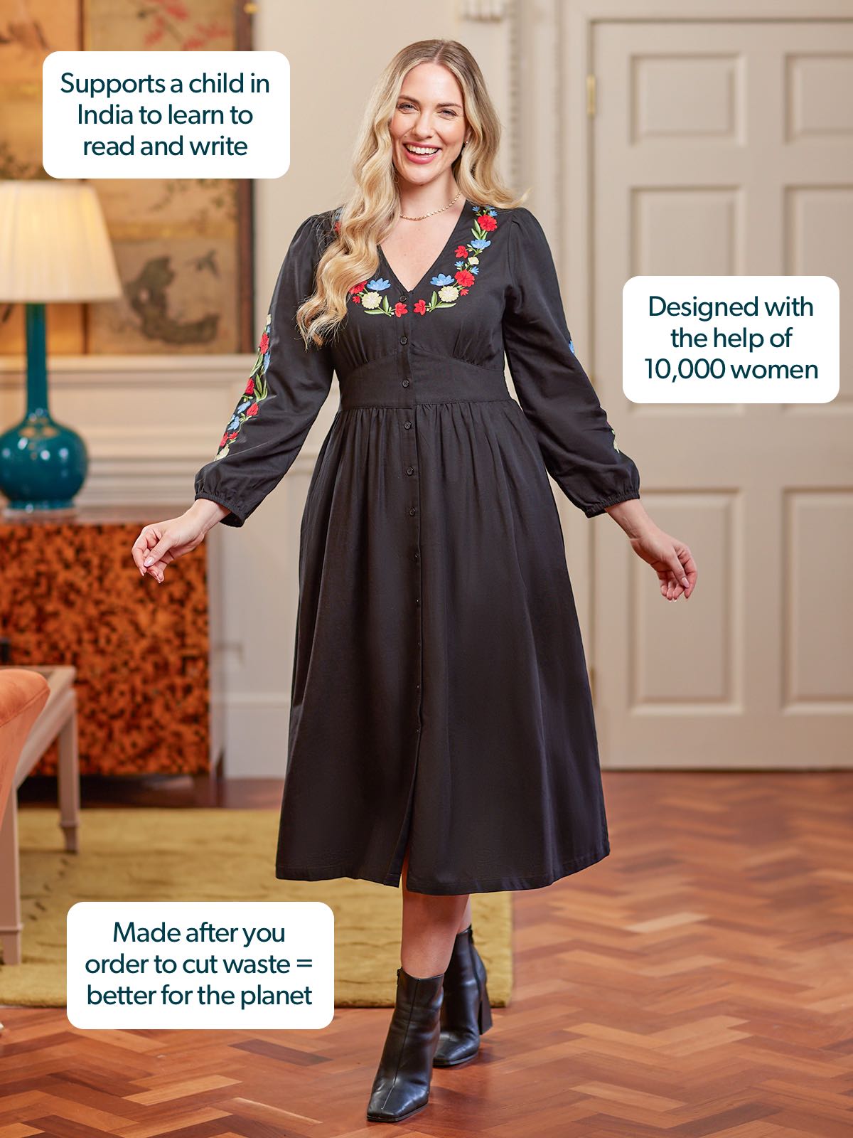 Rodica Dress - Embroidered Black