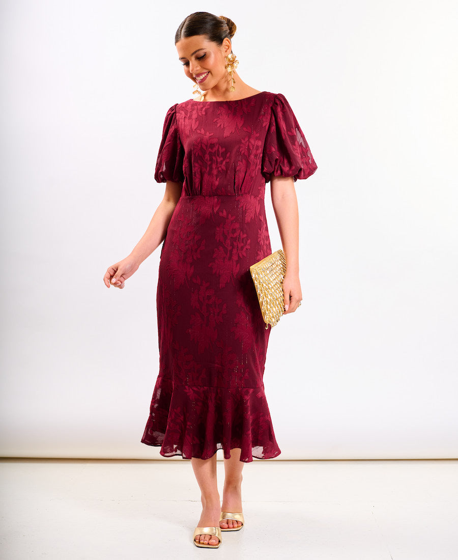 Burgundy Shimmer Puff Sleeve Midi Dress