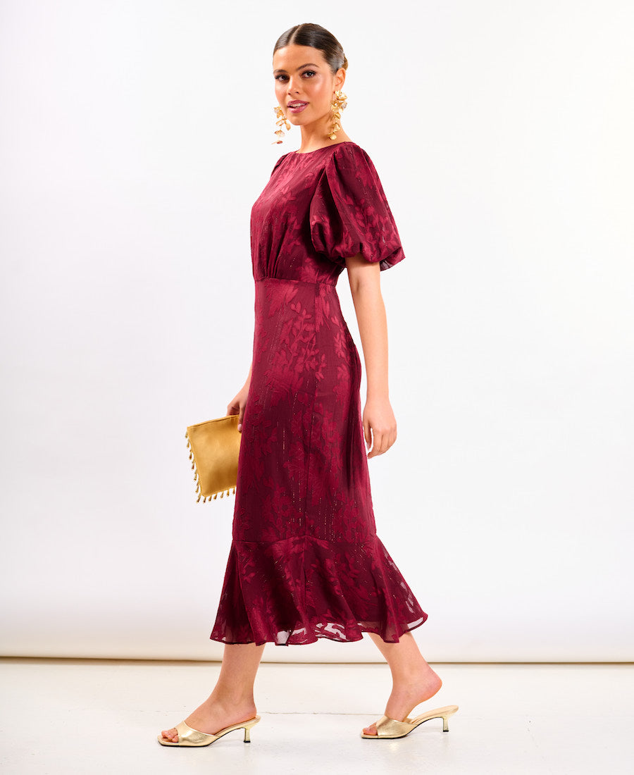Burgundy Shimmer Puff Sleeve Midi Dress
