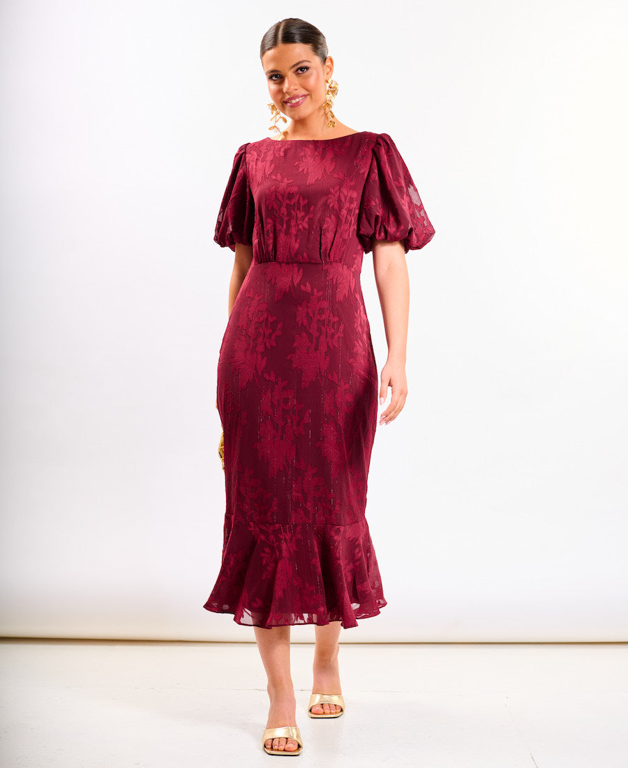 Burgundy Shimmer Puff Sleeve Midi Dress