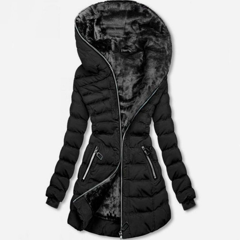 Women's Hooded Mid-Length Winter Coat with Plush Lining