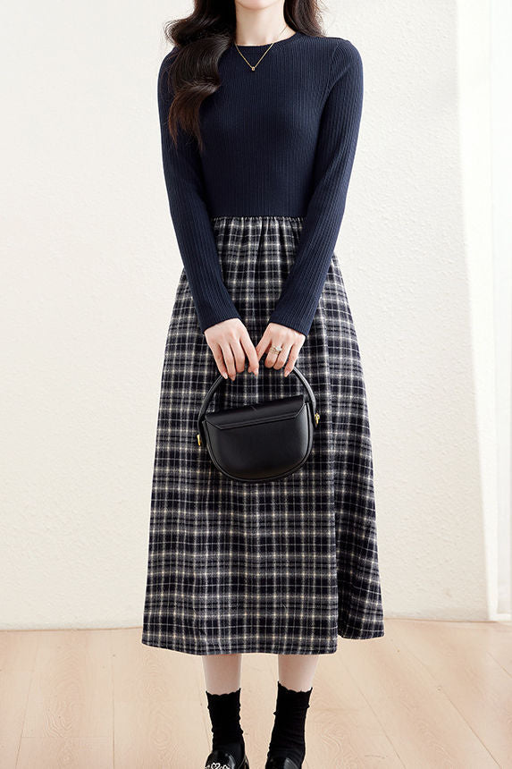 Elegant Retro Knitted Paneled Brushed Plaid Dress
