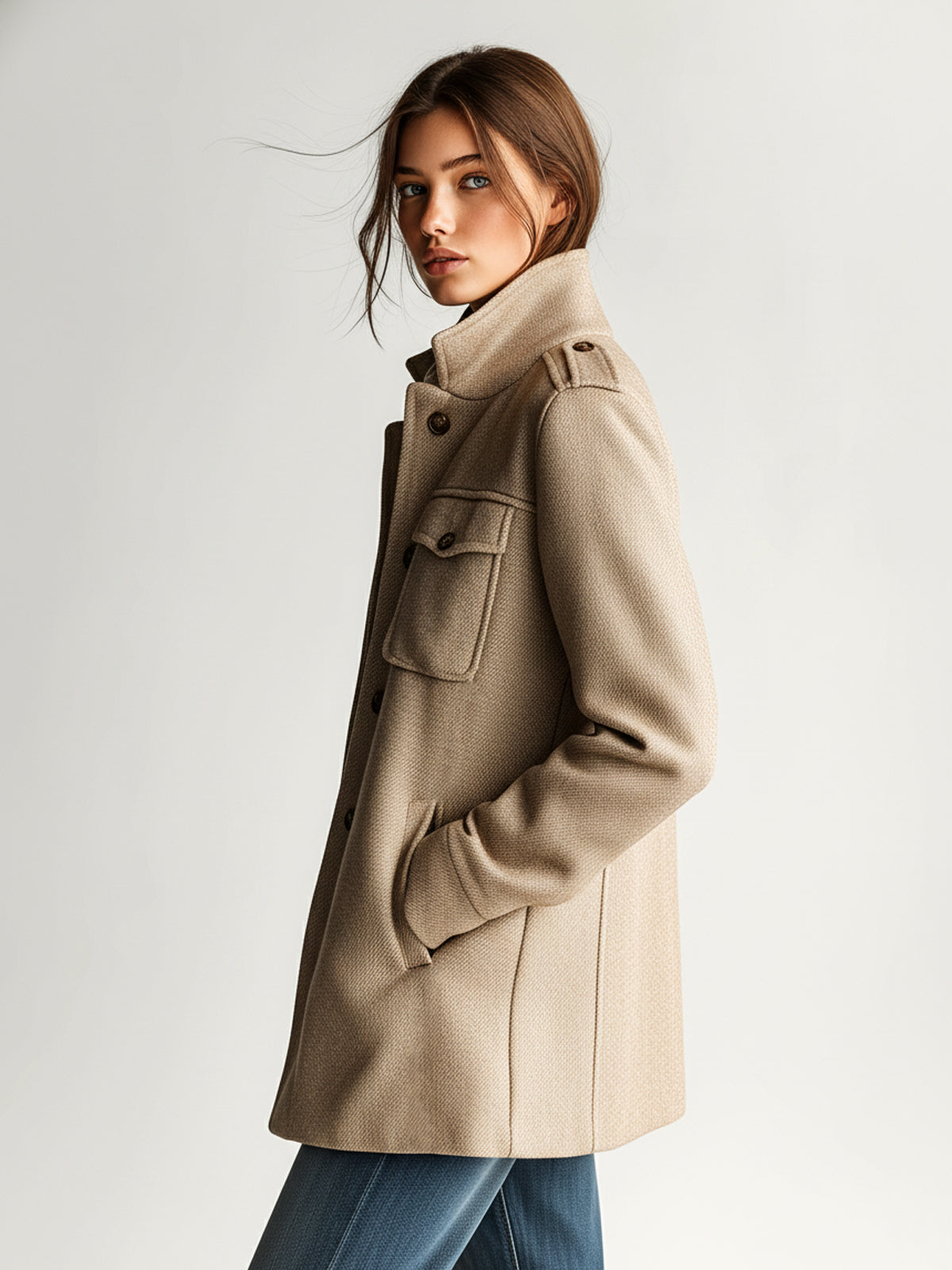 ElevenOra Vintage Casual Khaki Wool Blend Stand Collar Epaulet Multi-Pocket Short Coat