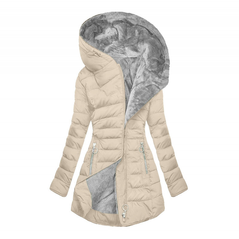 Women's Hooded Mid-Length Winter Coat with Plush Lining