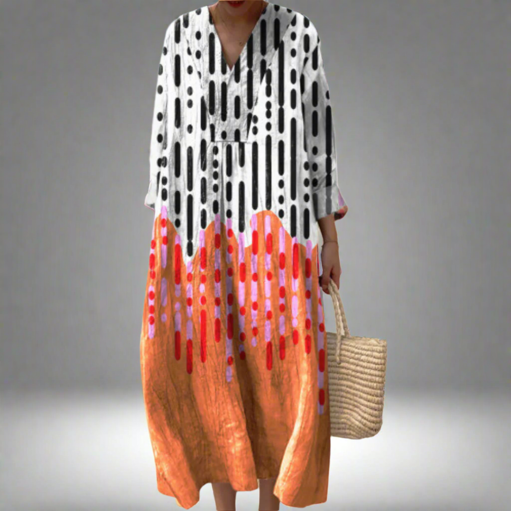 Abstract Drip Print Long Sleeve Maxi Dress - Effortless Style & Comfort