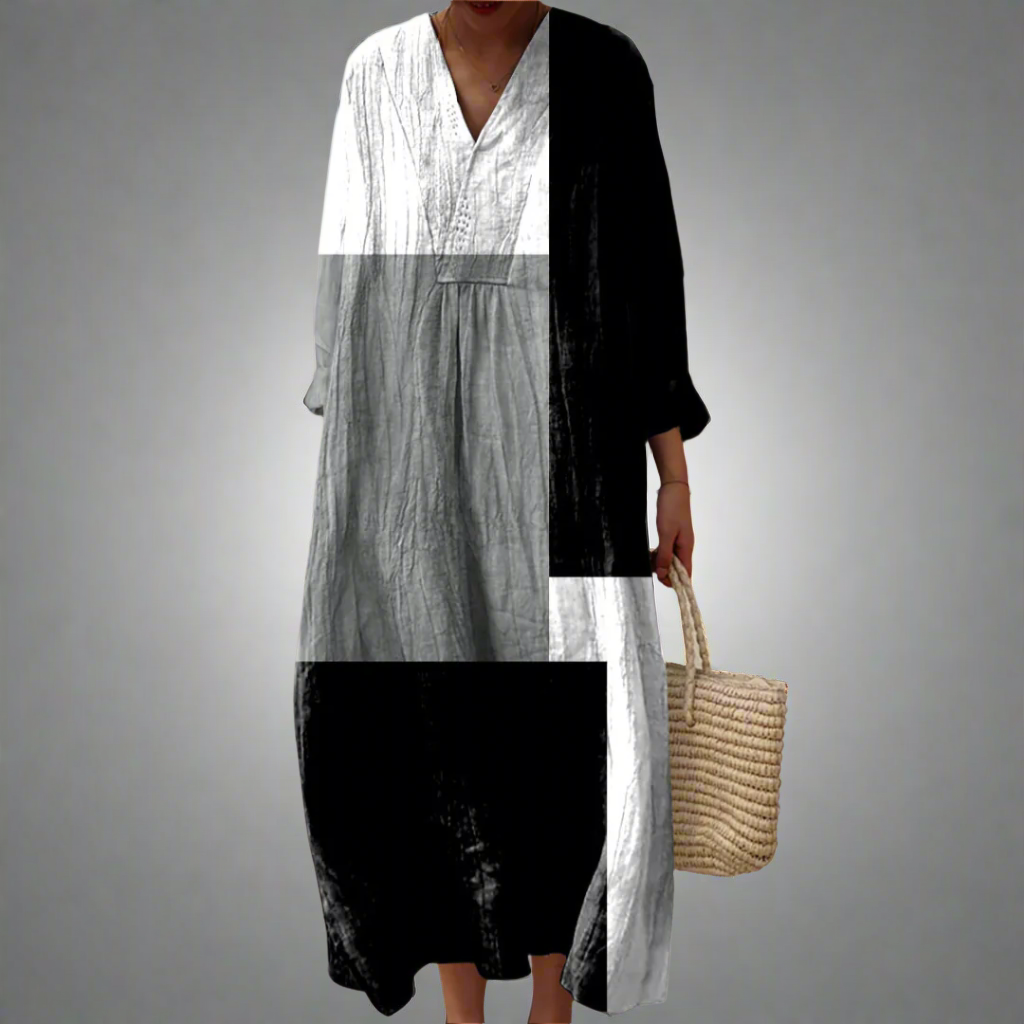 Abstract Patchwork Long Sleeve Maxi Dress - Effortless Style & Comfort