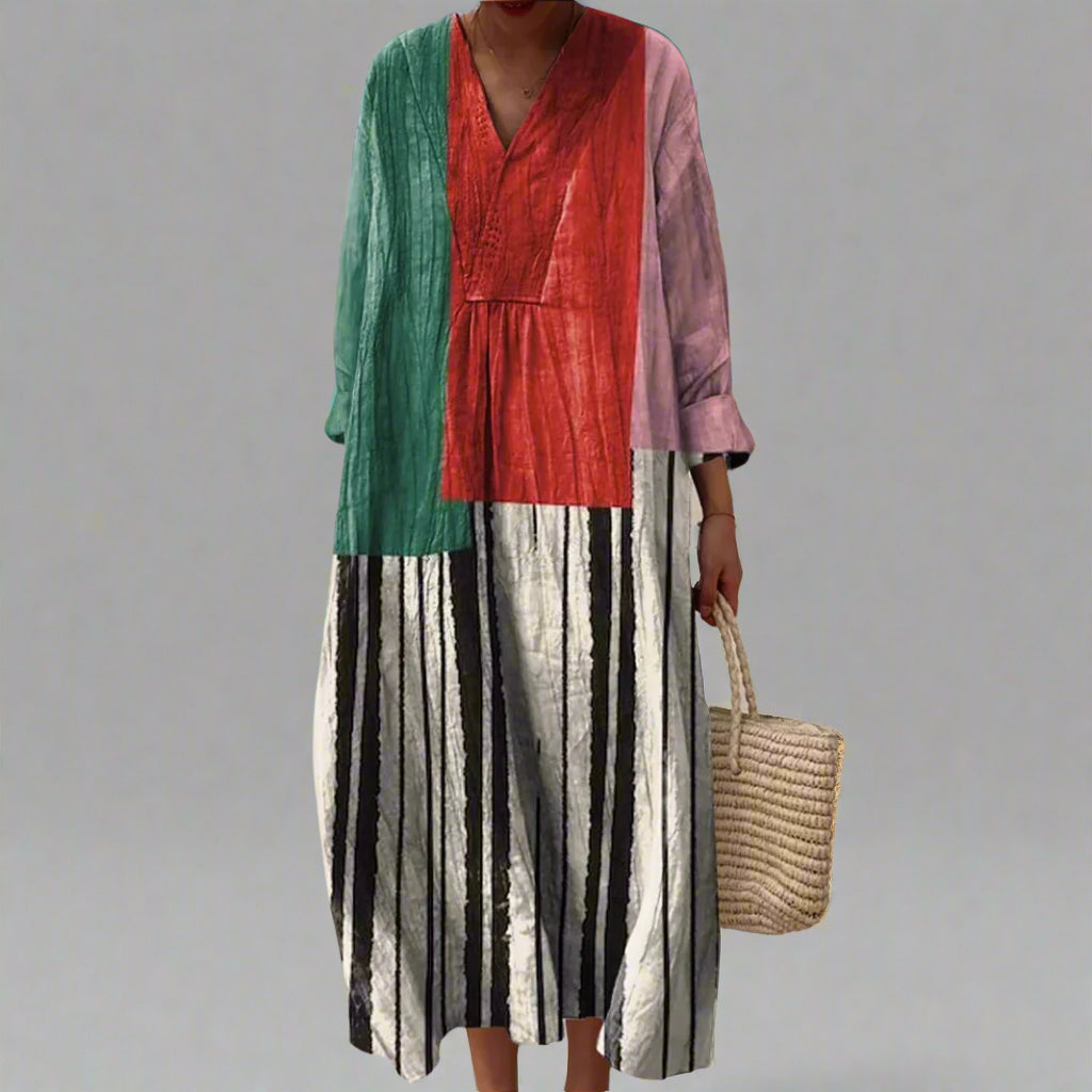 Colorblock Long Sleeve Maxi Dress - Flattering Fit & Soft Cotton Comfort