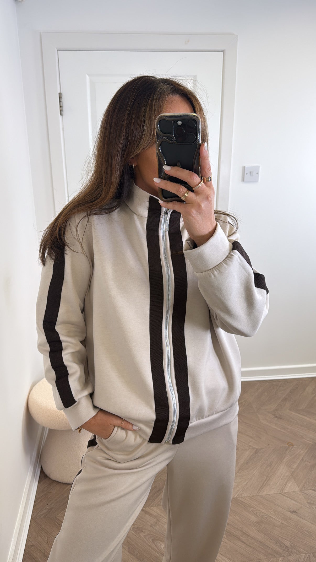 Orla Beige Contrast Stripe Jacket and Joggers Tracksuit