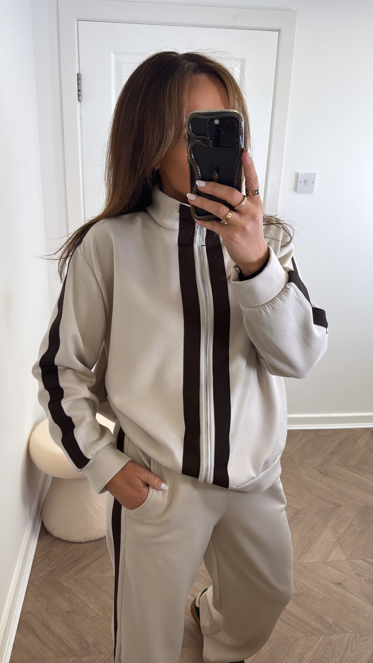 Orla Beige Contrast Stripe Jacket and Joggers Tracksuit