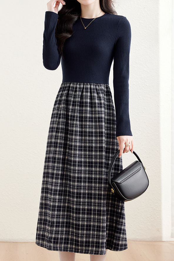 Elegant Retro Knitted Paneled Brushed Plaid Dress