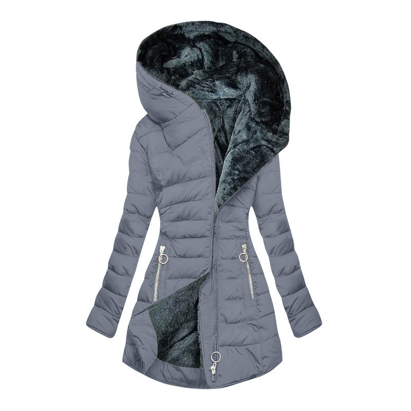 Women's Hooded Mid-Length Winter Coat with Plush Lining