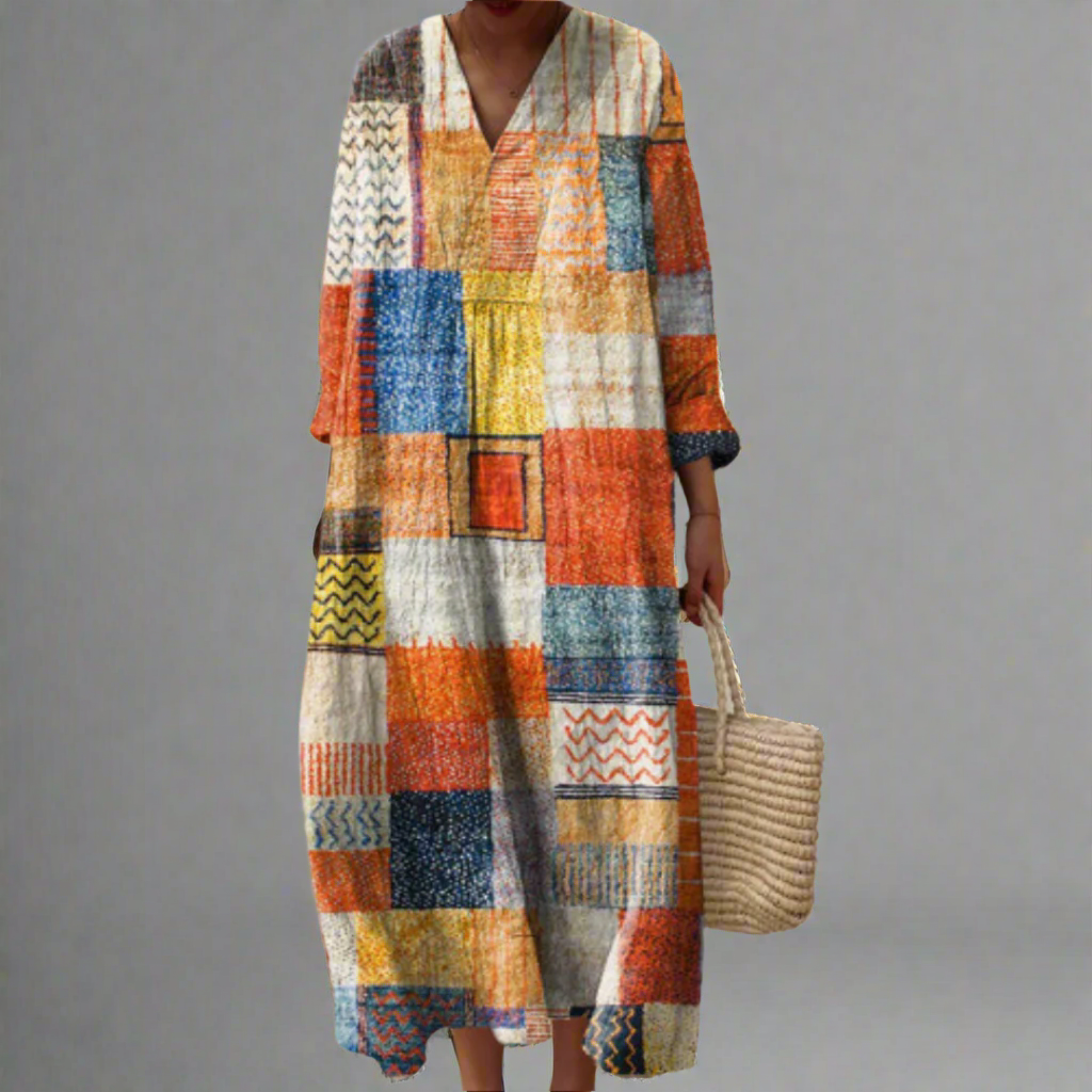 Patchwork Harmony Long Sleeve Maxi Dress - Effortless Style for Women