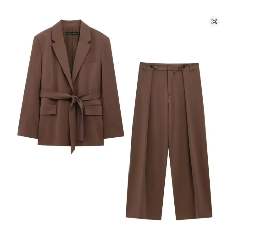 Women’s Elegant Brown Suit Set – Autumn Winter Oversized Blazer & Zipper Pants with Belt