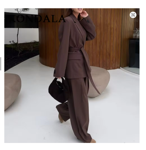 Women’s Elegant Brown Suit Set – Autumn Winter Oversized Blazer & Zipper Pants with Belt