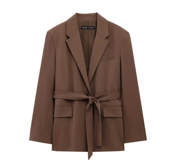 Women’s Elegant Brown Suit Set – Autumn Winter Oversized Blazer & Zipper Pants with Belt