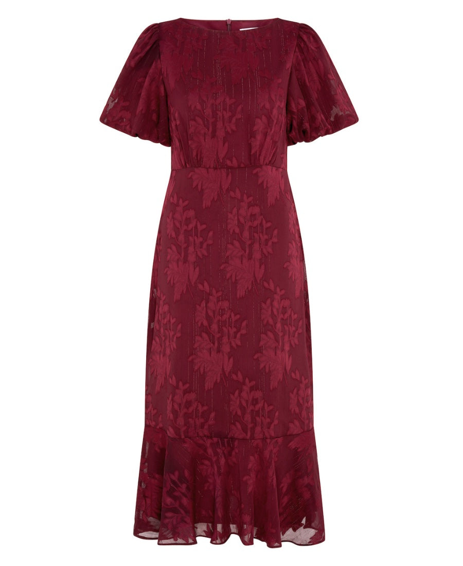 Burgundy Shimmer Puff Sleeve Midi Dress