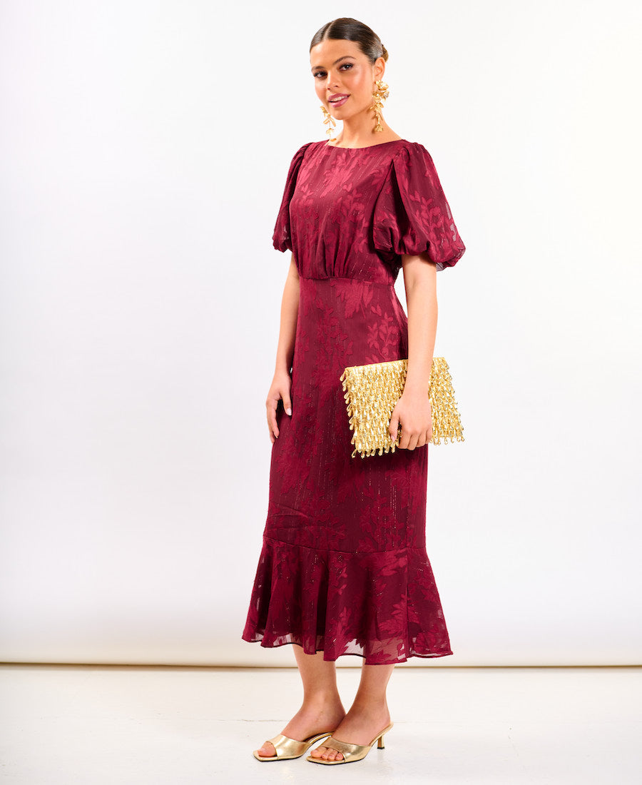 Burgundy Shimmer Puff Sleeve Midi Dress