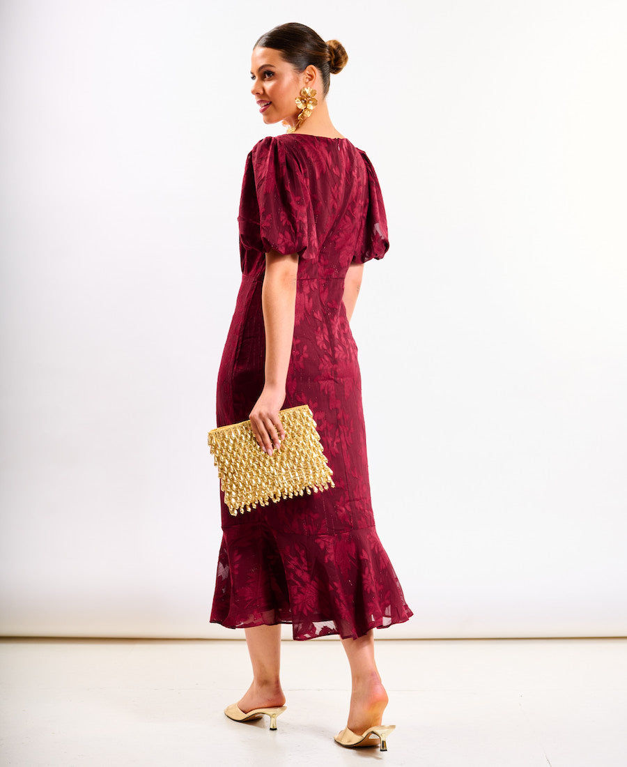 Burgundy Shimmer Puff Sleeve Midi Dress