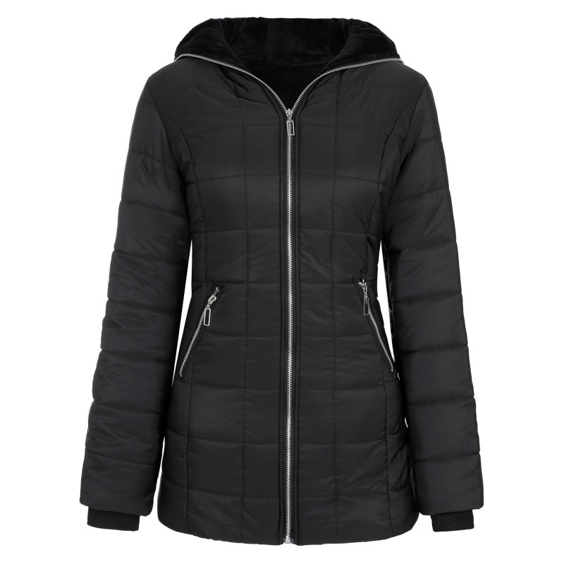 Women's Hooded Mid-Length Winter Coat with Plush Lining